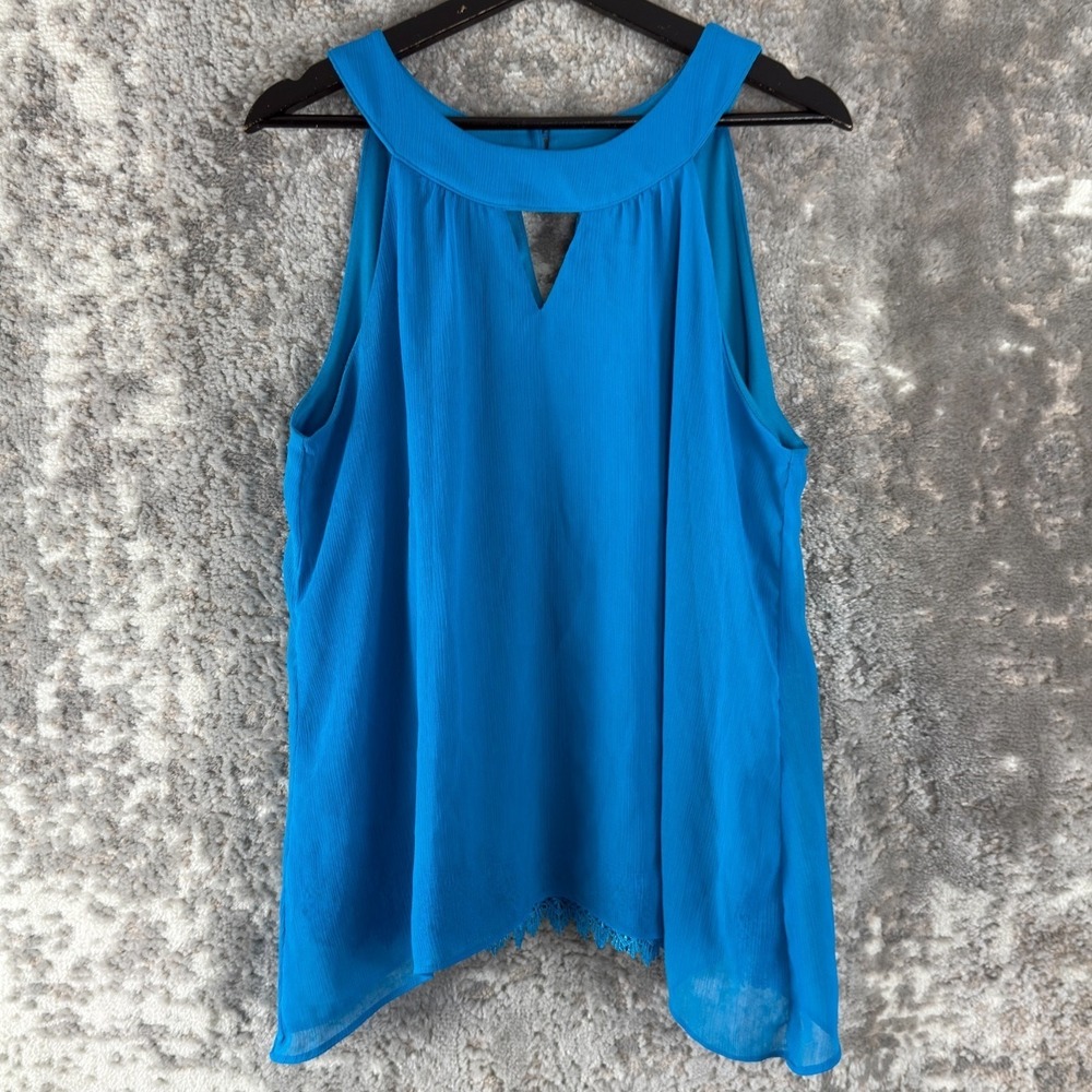 AB Studio Size L Keyhole Sleeveless Top Blueā Casual Pullover Lace